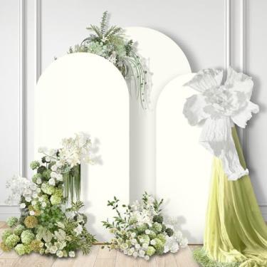 Imagem de GOJAWAY Conjunto de 3 capas de arco de casamento bege de 1,8 m / 2,2 m, capas de suporte de arco de casamento de elastano para topo redondo Chiara Arch Back, suporte para decoração de festa de