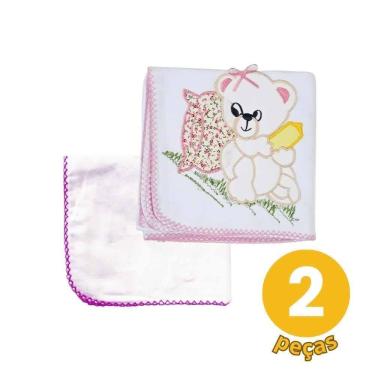 Imagem de Kit 2 Pçs Rosa 1 Cueiro Liso+1 Cueiro Bordado Bebê Enxoval