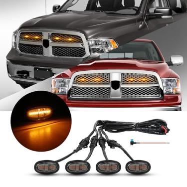 Imagem de FICOLPO 4 peças de luzes LED compatíveis com RAM 1500 Classic 2013-2018 e 2019-2024 RAM 1500 Classic - acessórios de luzes de grade frontal de LED com fusível e arnês (revestimento preto claro âmbar)