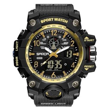 Imagem de Relógio masculino militar multifuncional digital 50 m resistente à água eletrônico 7 cores LED retroiluminação preto esportivo relógio, Amarelo