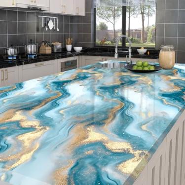 Imagem de HOMETITUTE Papel de parede de mármore azul brilhante descasque e cole 39.9 cm x 100.1 cm papel de contato removível com veias douradas envoltório de vinil decorativo para parede bancada armário