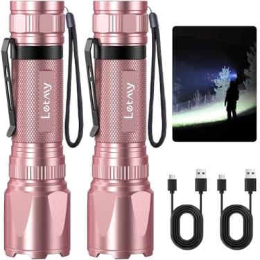 Imagem de LETMY Lanternas recarregáveis de alto lúmens, pacote com 2 lanternas táticas de LED brilhante, 3 modos de luzes poderosas com clipe, lanternas impermeáveis para acampamento de emergência em casa (rosa