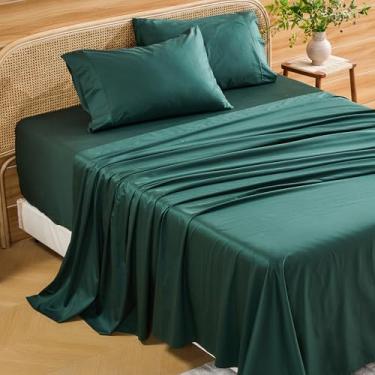 Imagem de Bedlifes Lençóis com bolso profundo de 45 a 61 cm, algodão egípcio tamanho Queen, 1000 fios, 4 peças – serve para colchões extra grossos, refrescantes e respiráveis (verde escuro)