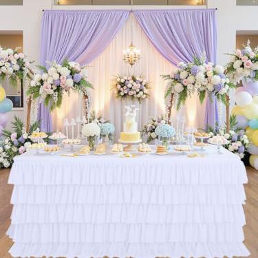 Imagem de CREATCABIN Saias de mesa brancas de 1,8 m, saias de mesa de tule, retangulares, saia de mesa, capa de toalha de mesa com babados, decorações tutu, poliéster com fita adesiva para festa de aniversário