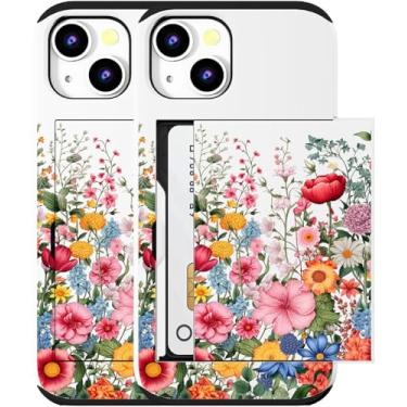 Imagem de MUQR Capa compatível com iPhone 15 com porta-cartão fofo - Design Kawaii, proteção contra quedas de nível militar, capa carteira robusta para mulheres (flores brancas desabrochando)
