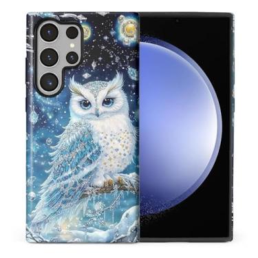 Imagem de CARLOCA Compatível com Samsung Galaxy S24 Ultra Full Body Protective Glossy Case para meninas meninos à prova de choque estética padrão azul coruja neve cristais céu noturno estrelado
