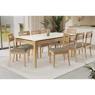 Imagem de Conjunto Sala de Jantar Mira Premium Madeira Maciça c/ Tampo Madeirado c/ Vidro 200x100cm e 8 Cadeiras Lara Carvalho/Off White - Boucle Bege Fendi-Kap