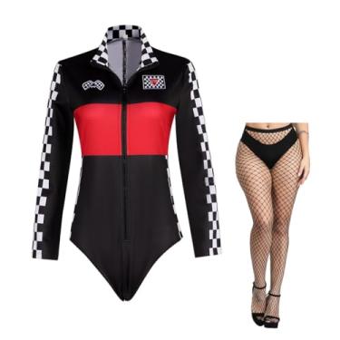 Imagem de Fantasia feminina de motorista de carro de Halloween Speed com meia-calça, suéter sexy para fantasia de noites de Talladega, Vermelho, P