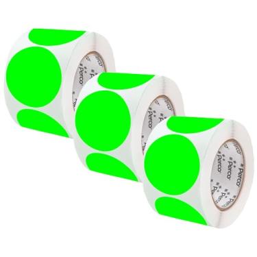 Imagem de Perco Etiquetas adesivas de ponto circular perfurado verde fluorescente de 10 cm — 3 rolos, 1.200 adesivos redondos — com adesivo permanente para avisos de segurança, etiquetagem de equipamentos