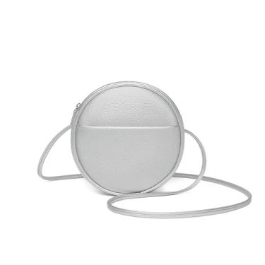 Imagem de YONBEN Bolsa transversal circular feminina NYLON com zíper e alças de ombro ajustáveis, Pu/pérola prata