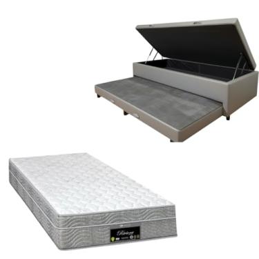 Imagem de Cama Box Baú Solteiro com Auxiliar (Bicama) + Colchão RivIera Molas Ensacadas 25cm | Kit Completo com Cabeceira Botonê Opcional | Diversas Cores (2, CORINO CINZA, SEM CABECEIRA)