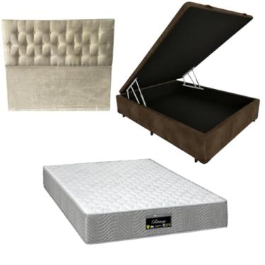 Imagem de Cama Box Baú Blindada com RivIera Molas Ensacadas 25cm de altura + Cabeceira Botonê (SUEDE MARROM, Casal)