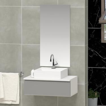 Imagem de Conjunto Gabinete Banheiro JOY 45cm (gabinete + cuba + espelho) (Branco/Preto)