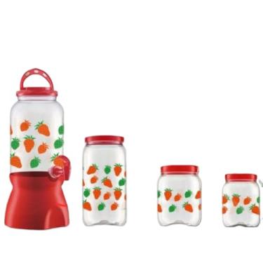 Imagem de Dispensador de sumo em plástico transparente de grande capacidade, 3,5 litros, com suporte e torneira Para cozinha, churrascos e festas(kit suqueira+ 3 potes p/m/g)