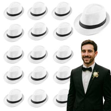Imagem de GEWURIZXY Pacote com 16 chapéus Fedora a granel para casamento, praia, aba curta, sol, panamá, chapéus para convidadas, lembrancinhas de festa, circunferência 58 cm (branco)