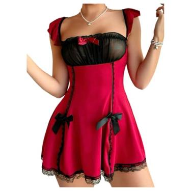 Imagem de SHENHE Lingerie feminina com laço de renda e laço de Halloween, cosplay, camisola, Borgonha, Small