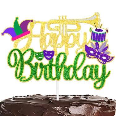 Imagem de Topo de bolo de carnaval, verde dourado, máscaras, baile de máscaras, tema de carnaval, decoração de bolos para meninos e meninas, festa de aniversário, suprimentos de decoração de chá de bebê