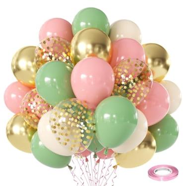 Imagem de Conjunto de balões rosa verde e dourado, inclui 60 peças de balões brancos de areia verde sálvia rosa de 30 cm com balões de confete dourados metálicos para casamentos, chás de panela, decoração de