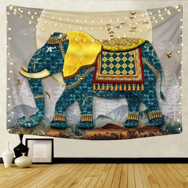 Imagem de Tapeçaria para pendurar na parede Elefante azul e dourado 150x130cm