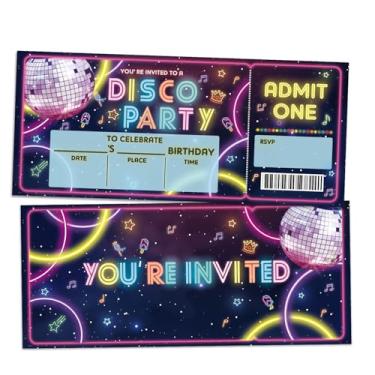 Imagem de ZARYFANCHY Convites de festa de aniversário de discoteca, festa de dança neon convida ingressos VIP, 20 cartões de convite com envelopes, decorações de festa de aniversário e suprimentos para