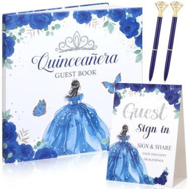 Imagem de Threehoney Conjunto de 3 peças de livros de visitas de quinze anos 15 lembrancinhas de festa de quinze anos com placa em pé e caneta de diamante com base decorações de aniversário de 15 anos (azul)