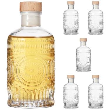 Imagem de 6 garrafas de vidro com desenhos florais, garrafas transparentes de 200 ml com rolhas de cortiça, tampas T-Top, base pesada