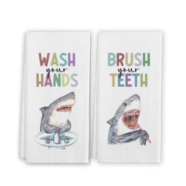Imagem de TFKFJLF Toalhas de mão de banheiro Shark Wash Your Hands Beach Baby Kids Toalha de tubarão decoração para banheiro infantil 40,6 x 61 centímetros conjunto de 2