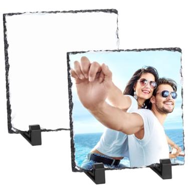Imagem de 2 ardósias de sublimação em branco, 5,5 placas quadradas personalizáveis de transferência de calor com suportes, molduras de pedra DIY para decoração de casa e presente