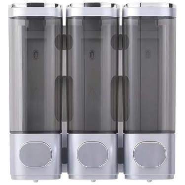 Imagem de Dispensador de chuveiro de 3 câmaras, suporte de parede, dispensador de xampu e condicionador sem broca, prensa de bomba de prata, para instalação em hotéis e banheiros