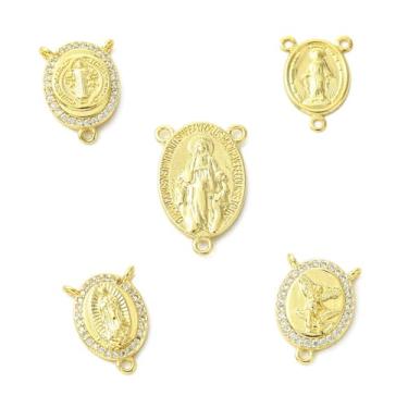 Imagem de UR URLIFEHALL 10 peças, 5 estilos, pingentes de latão, Virgem Maria, banhado a ouro 18K, medalha milagrosa, conectores ovais para fazer joias DIY