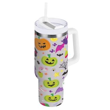 Imagem de STAYTOP Copo de caveira de abóbora de 1,134 g com tampa e canudo, copo isolado de aço inoxidável durável à prova de vazamento com alça, garrafas de água à prova de derramamento para viagens