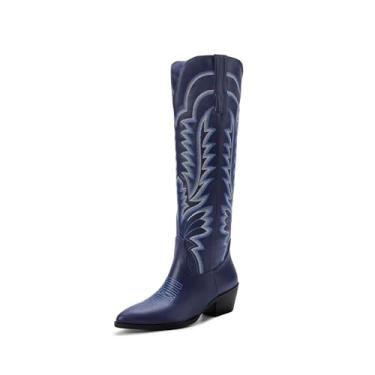 Imagem de Vertundy Botas de cowboy cano alto para mulheres, bico fino, cowgirl, salto grosso, botas ocidentais, Azul marino, 36