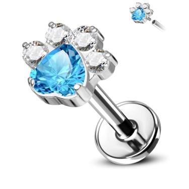 Imagem de CM Crareesi Mania Brinco de titânio com costas planas 16G rosca interna Helix Cartilagem Brincos Dog Paw Tragus Conch Forward Helix Piercing Joia para mulheres, Titânio, Zircônia cúbica