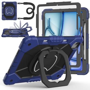 Imagem de Capa para iPad Air de 13 polegadas M3 2025/ M2 2024, Auorld para iPad Air 13 polegadas, capa M3 2025 com protetor de tela, suporte giratório de 360 graus, alça de ombro, suporte para lápis, azul