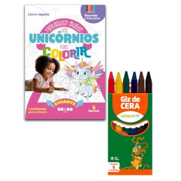 Imagem de Kit Livro Tapete de Colorir Unicórnios + Giz de Cera 6 Cores
