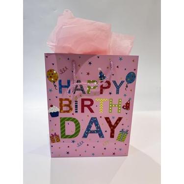 Imagem de Ssyuysto Bolsa de presente de aniversário de 33 cm rosa para presente de feliz aniversário com etiqueta de papel de seda, bolsa de presente de festa com alças de corda rosa para mulheres, meninas