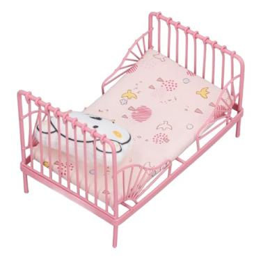 Imagem de TOPINCN Cama de Casa de Bonecas, Estrutura de Cama Em Miniatura 1:12 Com Decoração de Urso, Móveis para Casa de Bonecas, Quarto, Ferro e Material de Tecido (Padrão de pássaro rosa)