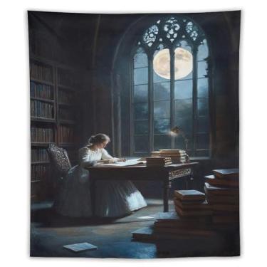 Imagem de Woman In White Gown Reading At Desk In Library By Full Moon Window Wall Tapestry Cozy Literary Art For Living Room Serene Hanging Accent Classic Scene70 x290 Tapeçaria