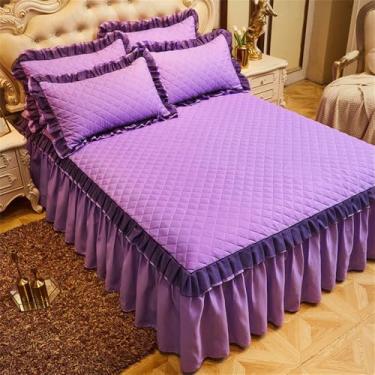 Imagem de Capa de colchão de casal com babados, saia acolchoada e elástico, para cama de solteiro e casal, cor roxa, 200x220cm, 1 peça