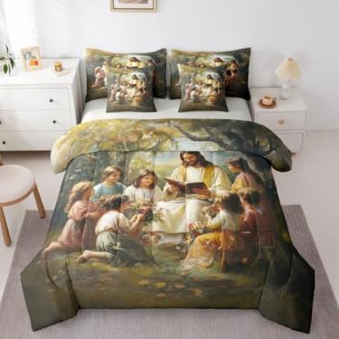 Imagem de Conjunto de cama infantil casal de Deus com crianças, ensino de Deus Ocidental, 7 peças, versículo bíblico, decoração espiritual para meninos e meninas, colorido (elástico + lençol + 2 fronhas + 2