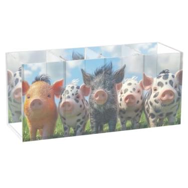 Imagem de TSENQUE Cool Piglet Family Grass Porta-lápis de mesa com estampa de animais e arte de escritório, porta-canetas de acrílico para armazenamento de lápis