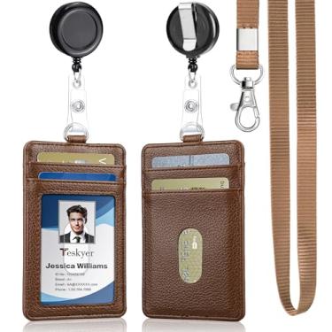 Imagem de Teskyer Porta-crachá de couro PU com cordão e 1 carretel retrátil, 4 compartimentos atualizados para cartões de identificação para funcionários da escola de escritório, crachás de identificação