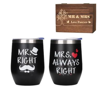 Imagem de Conjunto de copos de vinho Mr. and Mrs. Right com caixa de presente de madeira, aço inoxidável isolado, presente de casamento (preto (MR) e preto (MRS))