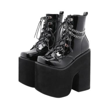 Imagem de Botas Góticas Pretas Femininas Com Cadarço, Plataforma Alta, Salto Gro