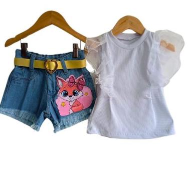 Imagem de Conjunto Infantil Jeans Infantil Meninas-Short+Cinto+Blusinha Manga Tu