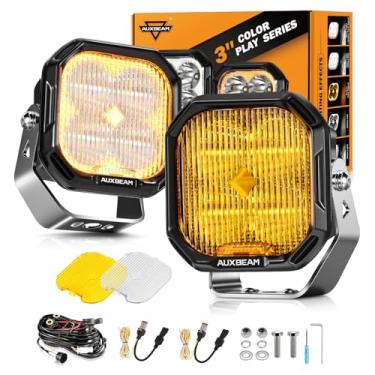 Imagem de Auxbeam Kits de LED Color Play Series 7,6 cm, farol de neblina off-road com DRL branco âmbar e barra de luz de seta de 100 W para Jeep Truck ATV UTV com capas âmbar brancas