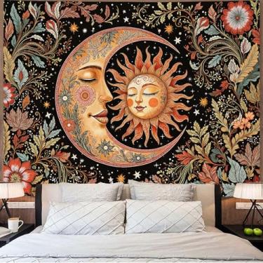 Imagem de Accnicc Tapeçaria vintage de sol e lua boho hippie floral tapeçaria de parede para quarto estética marrom celestial espiritual planta botânica pequenas tapeçarias para pendurar na parede para sala de