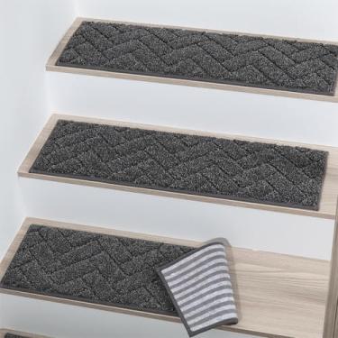 Imagem de BEQHAUSE Degraus de escada para degraus de madeira 23 cm x 71 cm, tapetes antiderrapantes para escadas, tapetes macios, laváveis na máquina, 100% poliéster, forro TPE, 4 peças, carvão