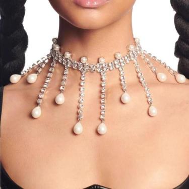 Imagem de Colar Choker Feminino Com Cristais De Rhinestone E Franjas De Pérolas,
