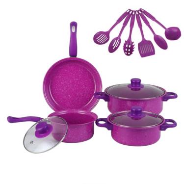 Imagem de Conjunto de Panelas e Sartenes Antiaderentes Utensílios Cozinha 13 Peças com Revestimento Pedra Ideal para Amigos Família